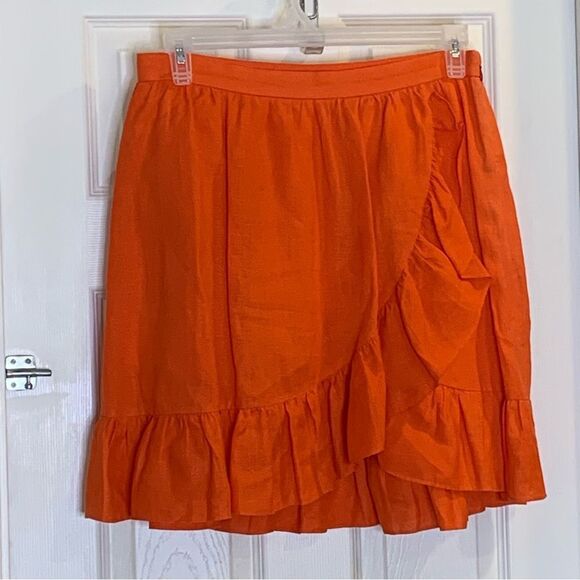 J. Crew 100% Linen Ruffle Hem Faux Wrap Mini Skirt Citrus Poppy Orange Size 10 - Picture 5 of 12